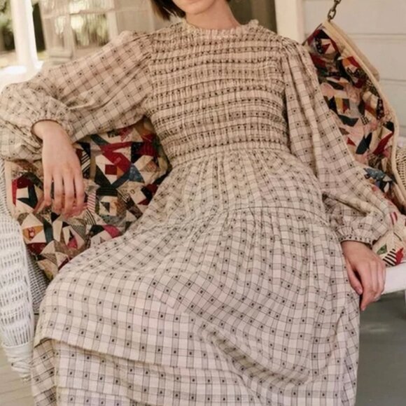 THE GREAT. Plaid Midi Long-Sleeve Smocked The Contessa Dress Sz 0/XS - Picture 2 of 8